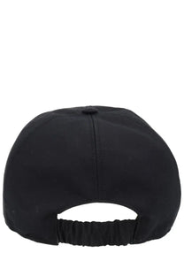 Black premia ta men’s baseball hat showing back side with fabric strap and button closure