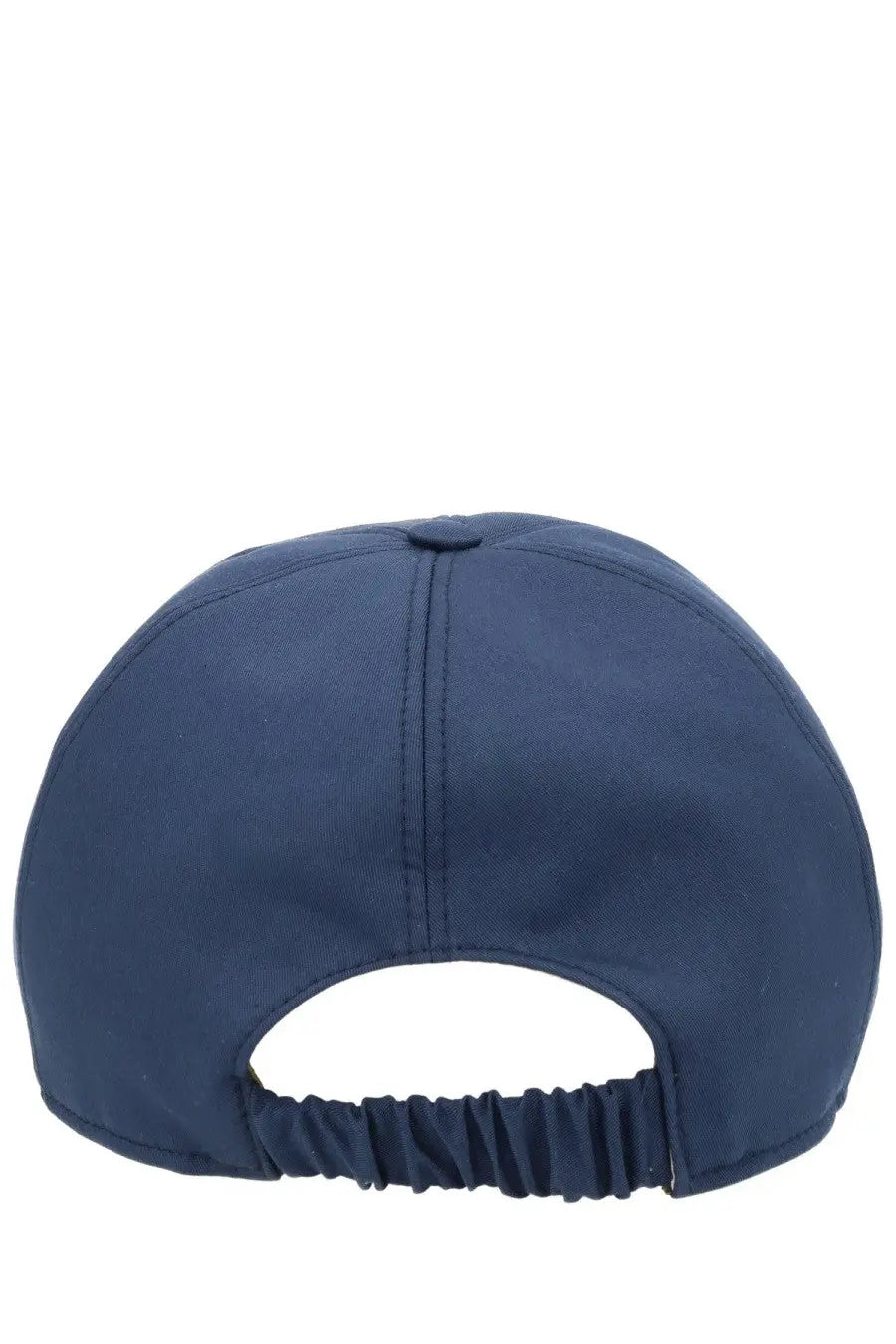 Navy blue premiata men’s baseball hat showing the back with adjustable elastic strap for comfortable fit