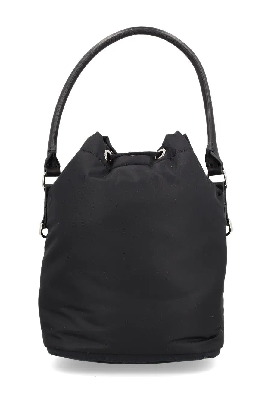 Premiata men’s borsa mia black nylon bucket bag with curved top handle and silver-toned metal hardware