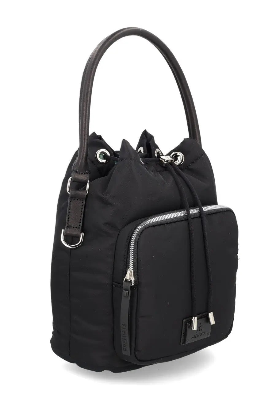 Premiata men’s borsa mia black nylon bucket bag with leather handles and silver toned hardware