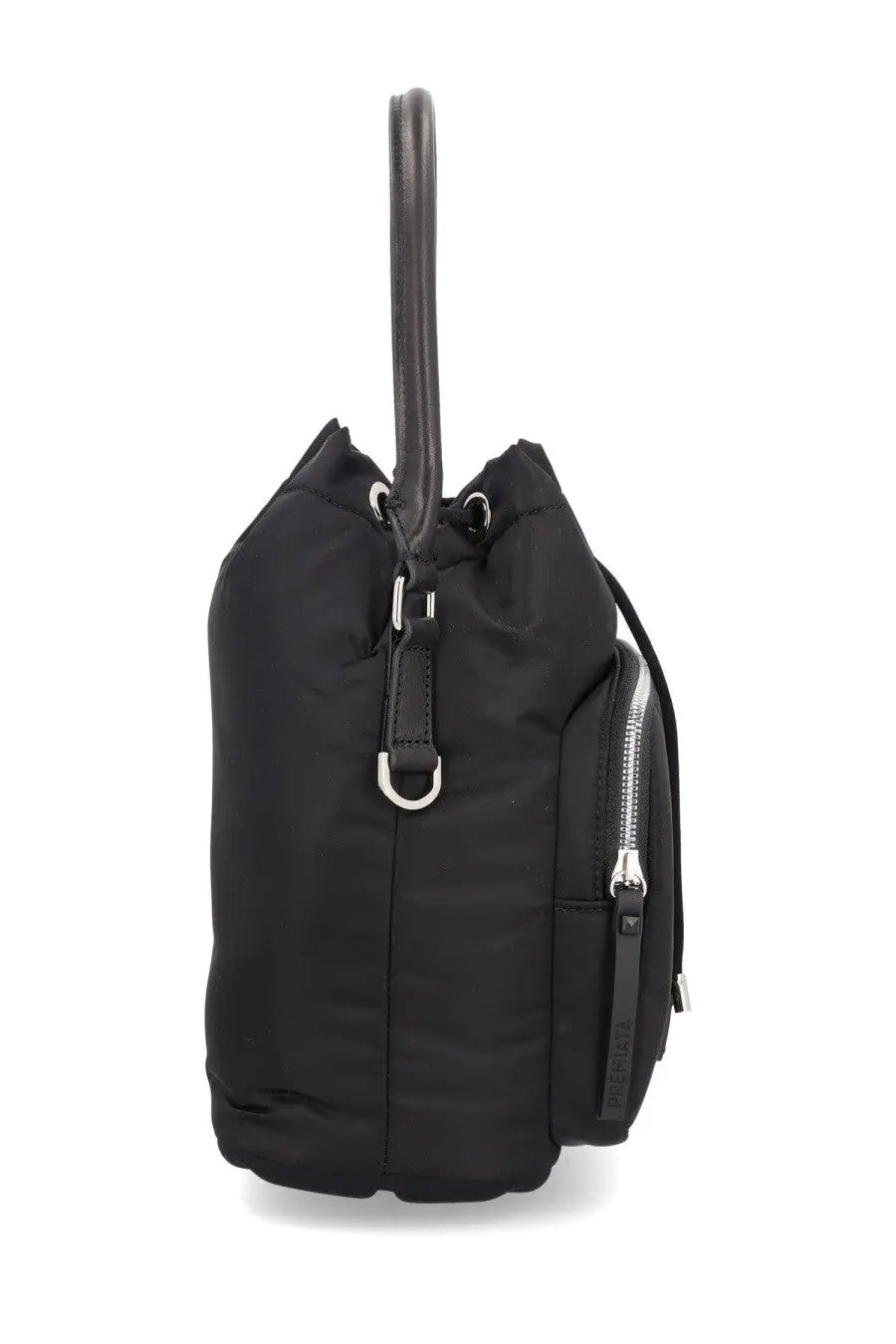 Black nylon tote bag with leather handle and silver zipper accents from premiata mens borsa mia black collection