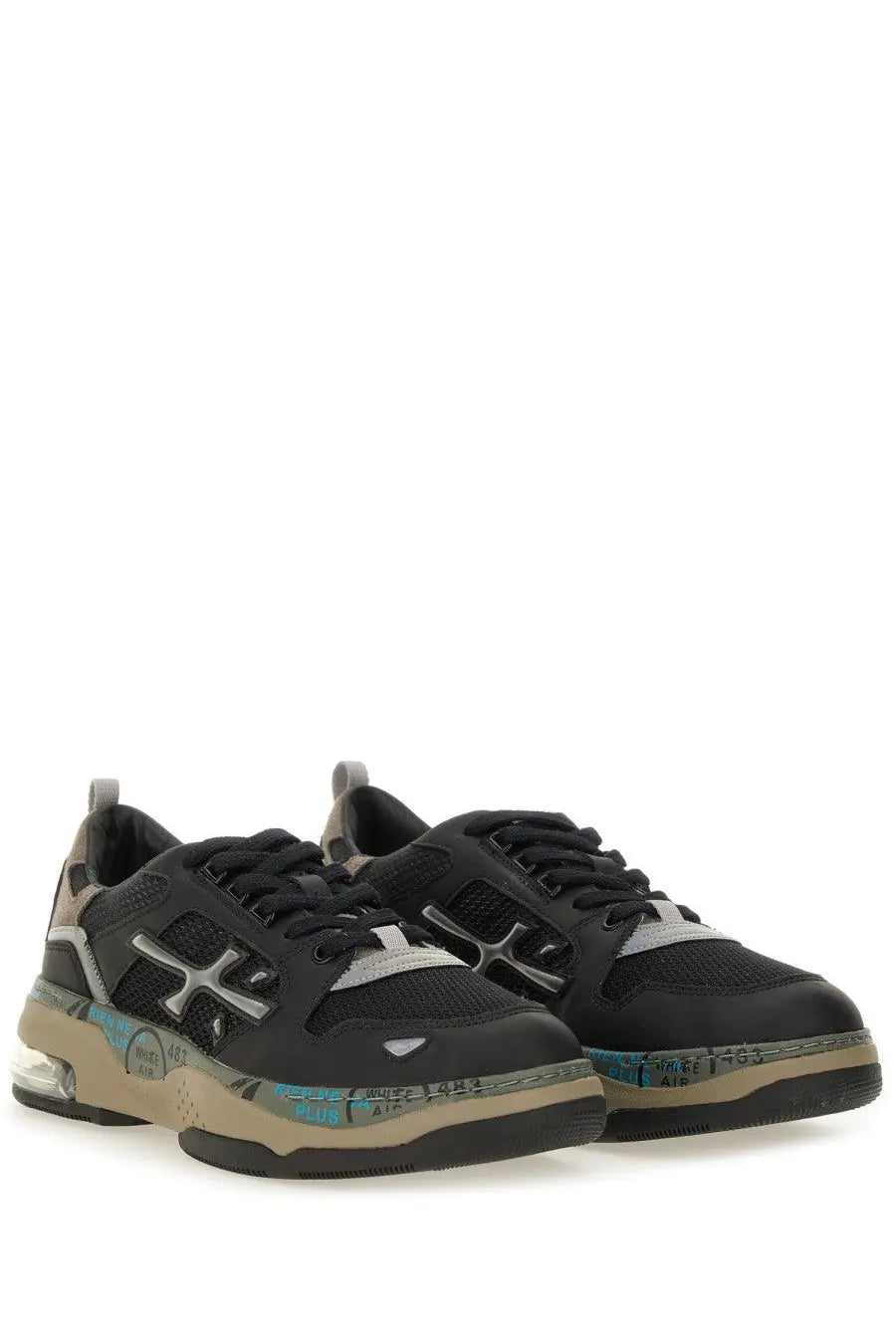 Premiata men’s drake sneaker multicolor featuring black and gray mesh uppers metallic silver accents and beige midsole with blue details
