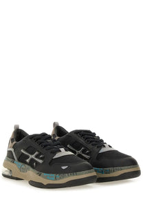 Premiata men’s drake sneaker multicolor featuring black and gray mesh uppers metallic silver accents and beige midsole with blue details