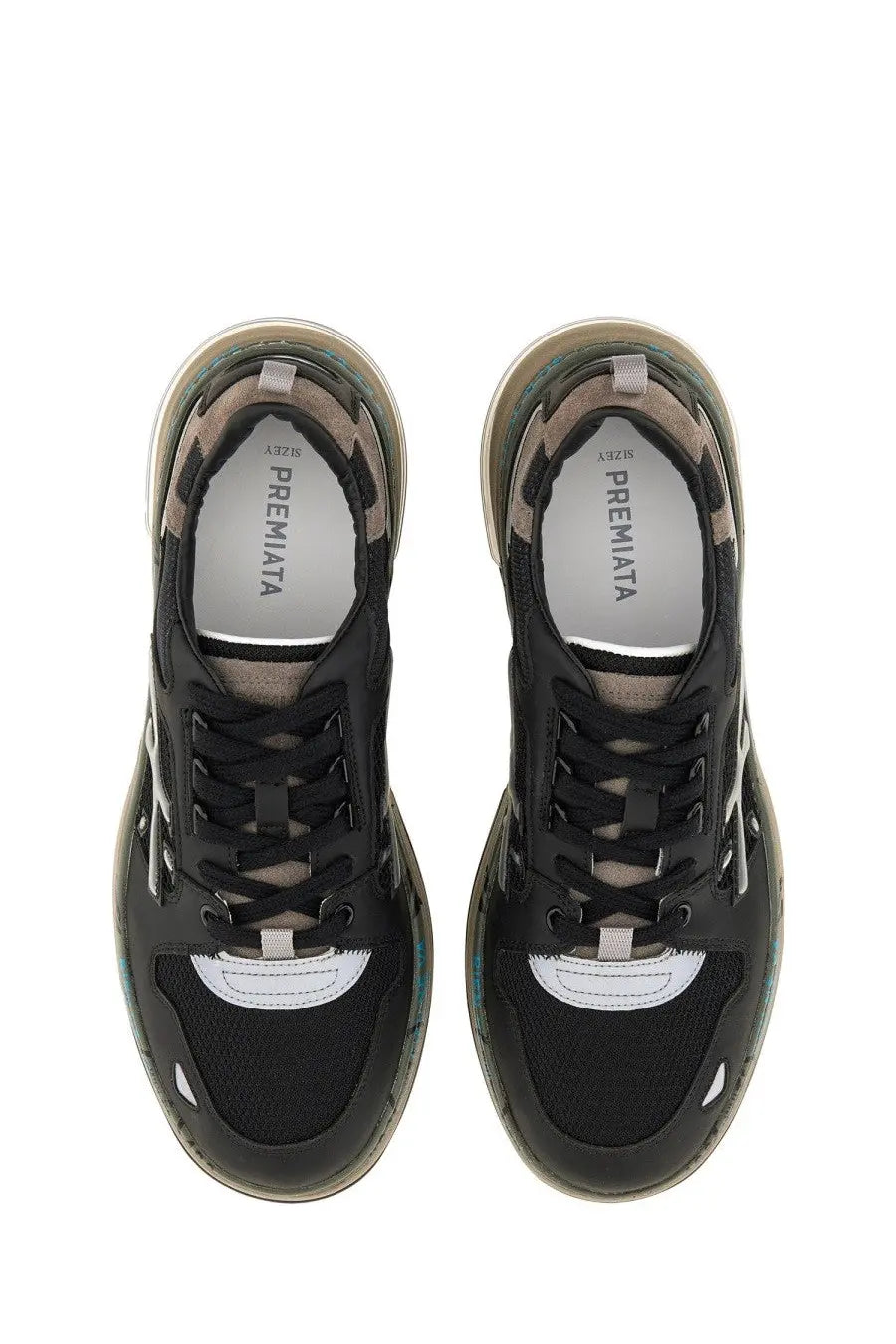 Premiata men’s Drake sneaker in black with chunky translucent sole and white accents on laces and toe cap