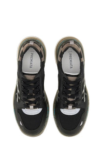 Premiata men’s Drake sneaker in black with chunky translucent sole and white accents on laces and toe cap