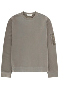 Premiata men’s felpa con grey muted gray crewneck sweatshirt with subtle embroidered logo and zippered patch pocket on sleeve