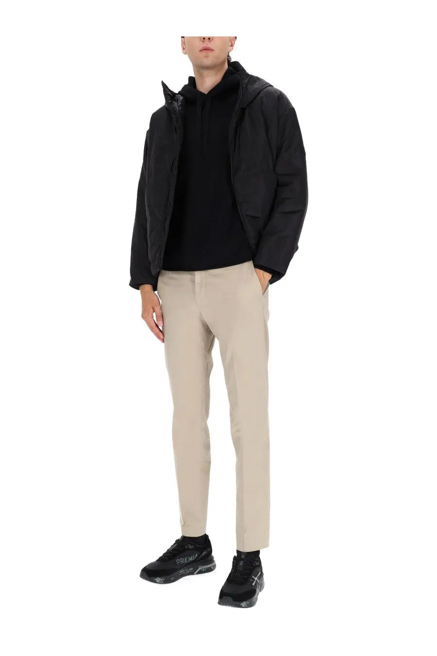 Black puffer jacket with hood and quilted texture by premiata mens hooded jacket black front view