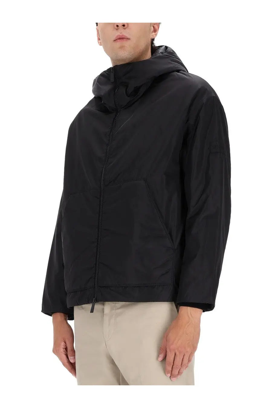 Premiata men’s black hooded jacket with sleek minimalist design and subtle reflective sheen perfect for casual wear