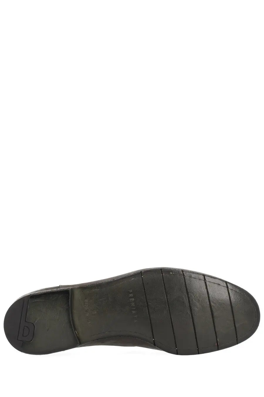 Black rubber sole with textured ribbed pattern and subtle logo embossed on the heel of premiata men’s grey leather loafer back side