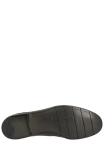 Black rubber sole with textured ribbed pattern and subtle logo embossed on the heel of premiata men’s grey leather loafer back side