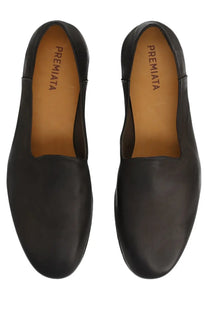 Premiata men’s leather loafer in black slip-on style with smooth matte finish and tan branded insole