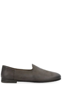 Dark gray suede slip-on loafer with minimalist design and black rubber sole in Premiata men’s leather loafer grey