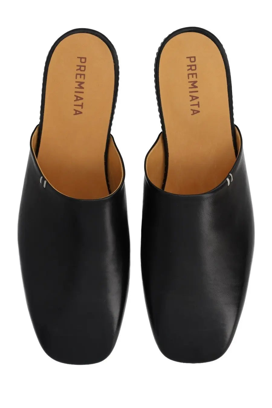 Premiata men’s leather sabot black mules in black leather with sleek square-toe design and minimalist stitching details