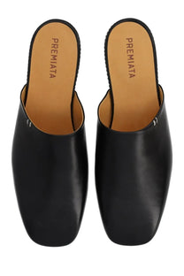 Premiata men’s leather sabot black mules with black leather, sleek square toe design, and low heel