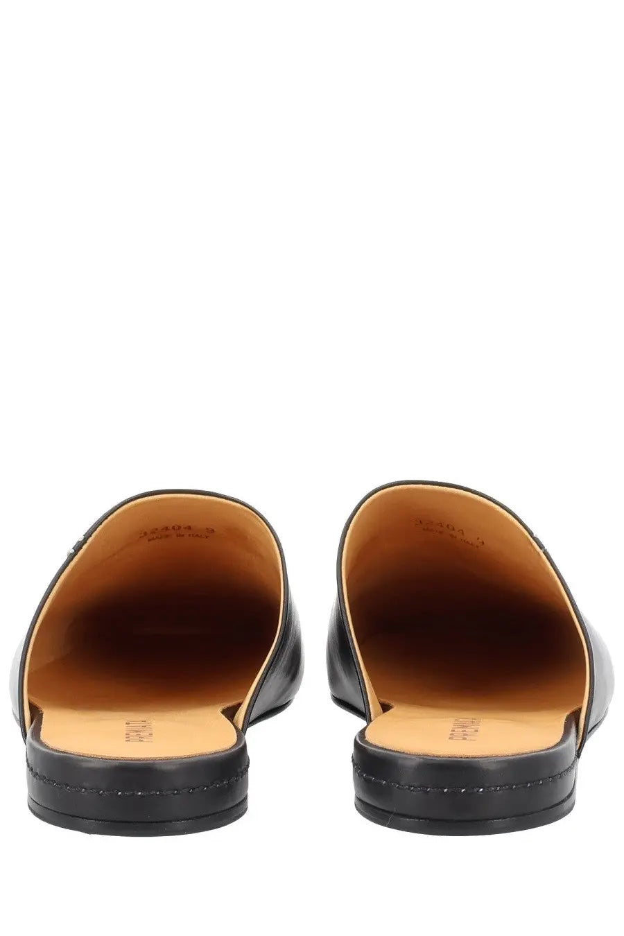 Premiata men’s leather sabot black smooth finish black leather mules with tan insole front view