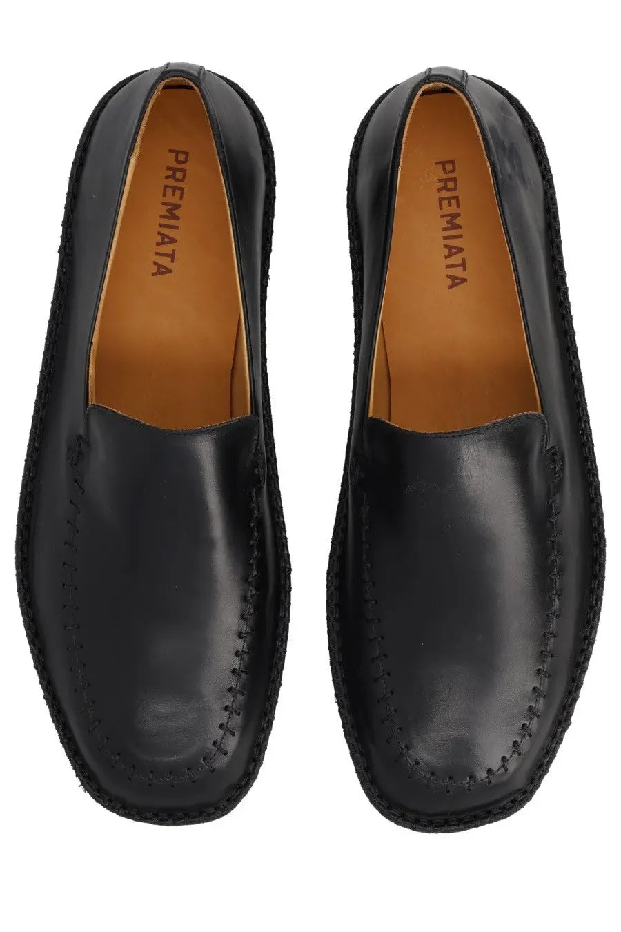 Premiata men’s mocassino land black black leather loafers with glossy finish and decorative edge stitching