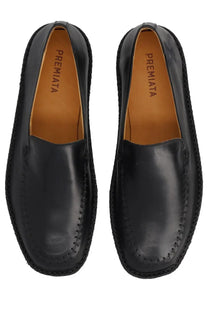 Premiata men’s mocassino land black black leather loafers with glossy finish and decorative edge stitching