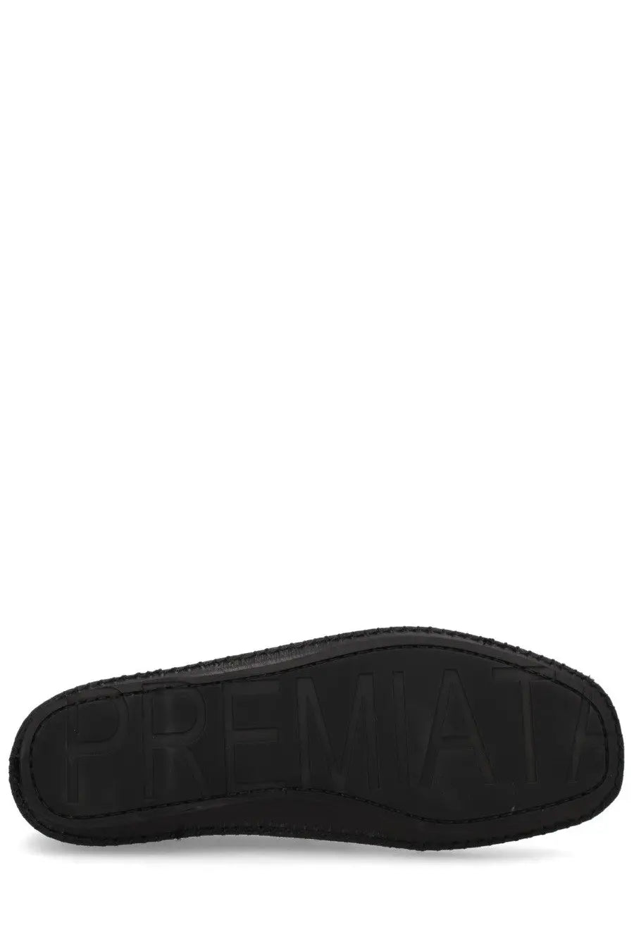Black rubber sole with embossed premata branding on premiata men’s mocassino land black shoes back side
