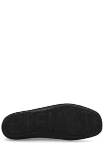 Black rubber sole with embossed premata branding on premiata men’s mocassino land black shoes back side