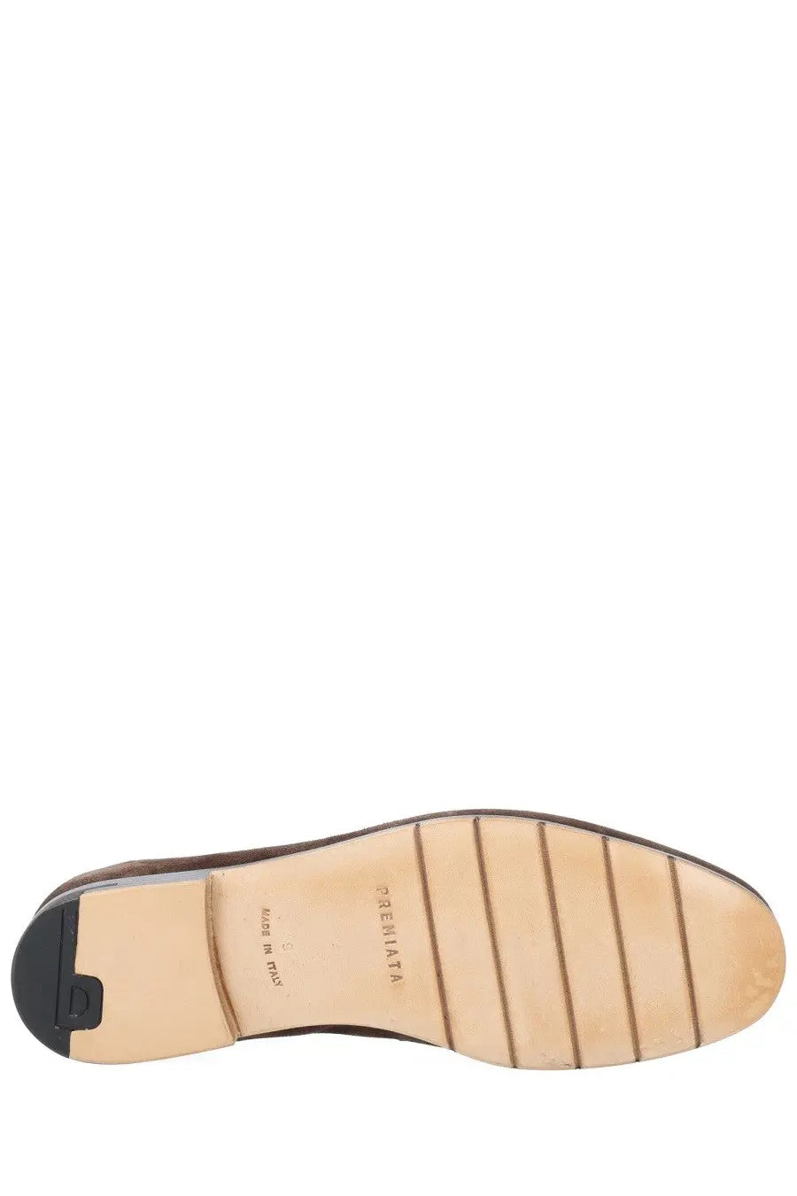 Premiata men’s mocassino suede brown showing brown leather sole with light tan rubber outsole and freeman brand name