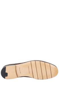 Premiata men’s mocassino suede brown showing brown leather sole with light tan rubber outsole and freeman brand name