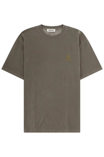 Premiata men’s cotton t shirt in olive green with small embroidered logo on left chest and branded neckline tag