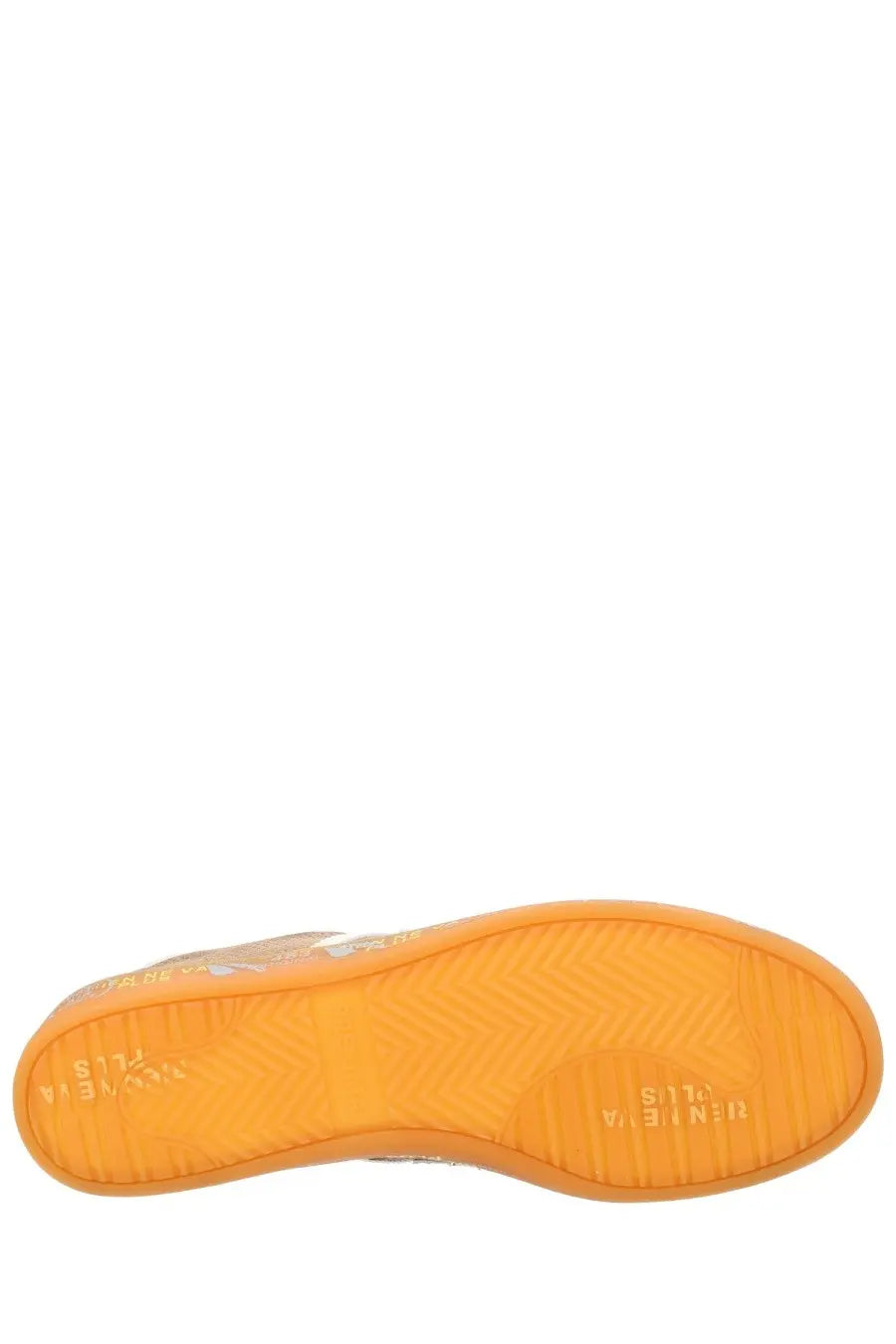 Orange rubber sole with textured tread pattern and embossed premia­ta brand markings on men’s bonnie brown sneaker