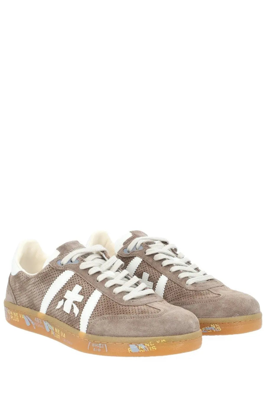 Premiata men’s sneaker bonnie brown in brown suede and mesh with white stripes laces and gum rubber sole