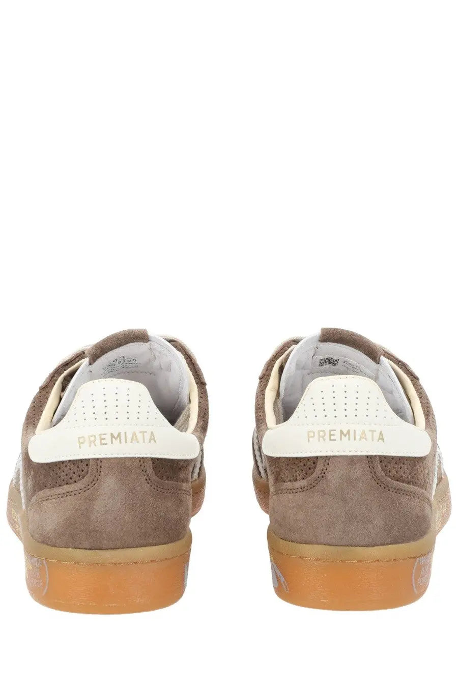 Premiata men sneaker bonnie brown brown suede with white perforated heel tabs and gum rubber soles back view