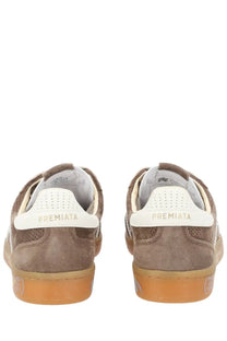 Premiata men sneaker bonnie brown brown suede with white perforated heel tabs and gum rubber soles back view
