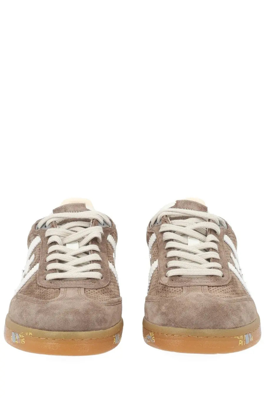 Premiata men’s sneaker bonnie brown tan suede with white laces three side stripes and gum rubber sole