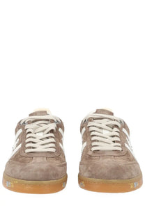 Premiata men’s sneaker bonnie brown tan suede with white laces three side stripes and gum rubber sole