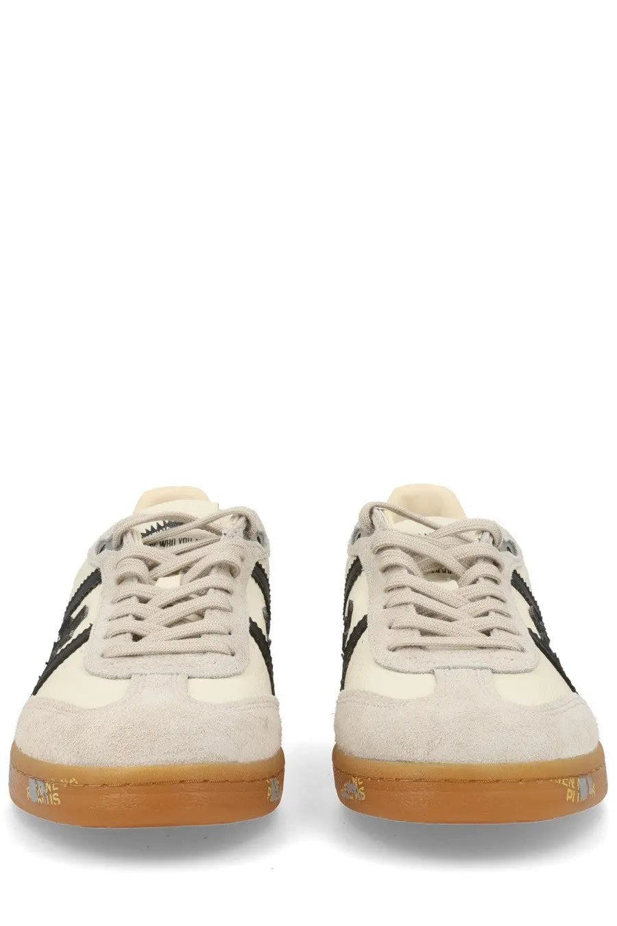 Premiata men’s sneaker bonnie white cream suede and canvas with black stripes and gum rubber sole front view
