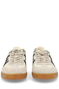 Premiata men’s sneaker bonnie white cream suede and canvas with black stripes and gum rubber sole front view
