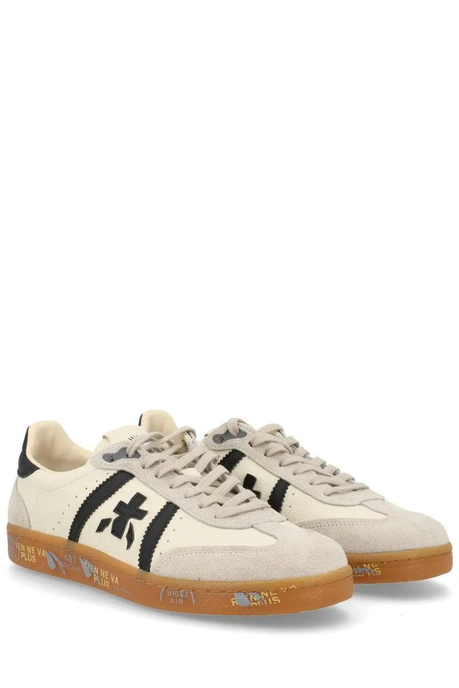 Premiata men’s sneaker bonnie white cream-colored suede with black stripes gum rubber sole and distinctive side logo