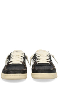 Premiata men’s sneaker bsktclay black low-top shoe with perforated black and cream leather uppers and distressed soles