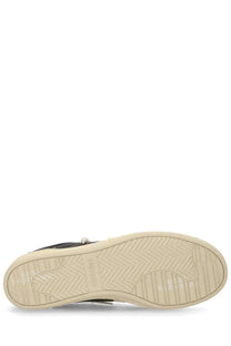 Back view of premia men’s black high-top sneaker with beige herringbone sole and marc jacobs embossed heel