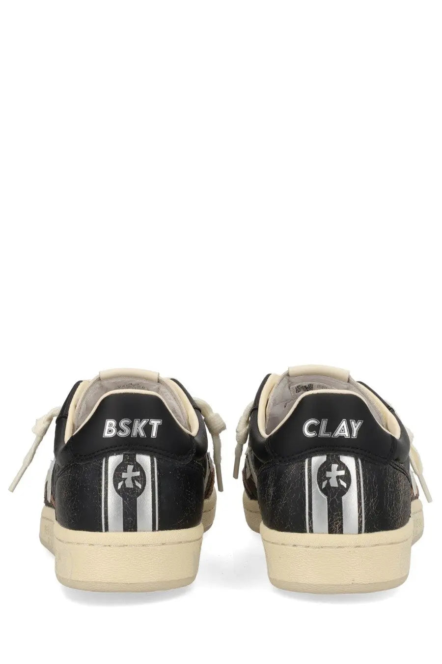 Premiata men’s sneaker Bsktclay black made of black leather with white stripes silver logo and cream-colored soles