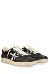 Premiata men’s sneaker bsktclay black low-top with distressed leather upper cream laces sole and bold embroidered logo