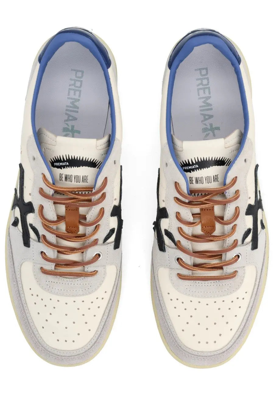 Premiata men’s sneaker Bsktclay white with blue accents brown leather laces and black abstract side graphics