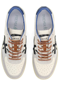 Premiata men’s sneaker Bsktclay white with blue accents brown leather laces and black abstract side graphics