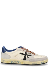 Premiata men’s sneaker bsktclay white cream suede with black cross logo blue heel tab laces and vintage graffiti sole