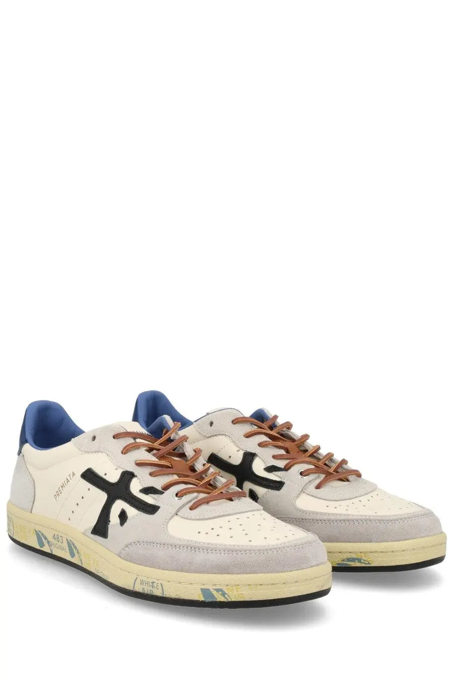 Premiata men’s sneaker bsktclay white cream suede canvas with black cross logo brown laces blue heel tab and yellow sole