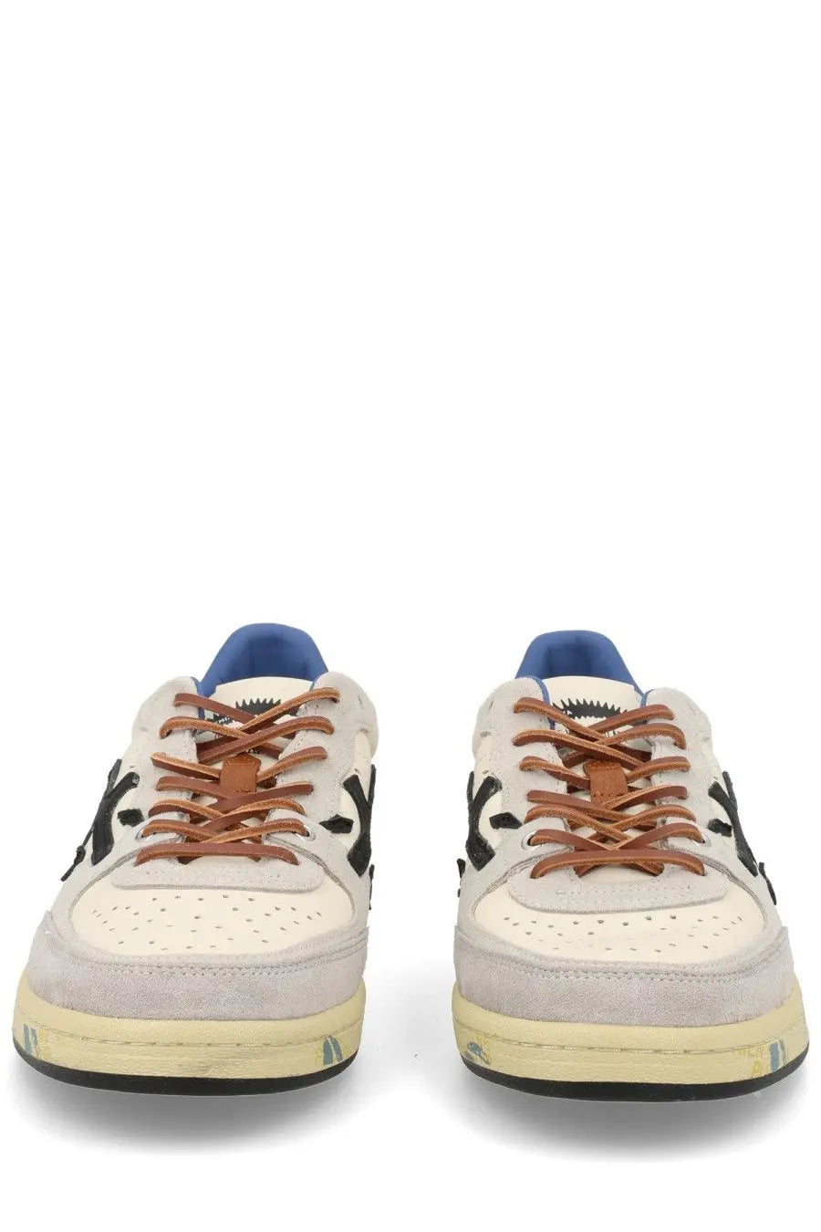 Premiata men’s sneaker Bsktclay white cream suede low-top with black logo accents brown leather laces and blue tongue