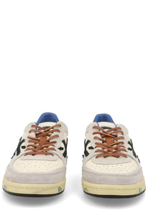 Premiata men’s sneaker Bsktclay white cream suede low-top with black logo accents brown leather laces and blue tongue