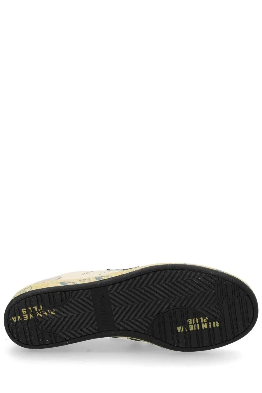 Back view of premiata men’s sneaker bsktclay white featuring a yellow upper with black rubber sole and green heel text