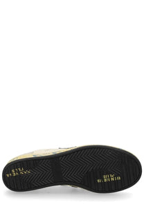 Back view of premiata men’s sneaker bsktclay white featuring a yellow upper with black rubber sole and green heel text