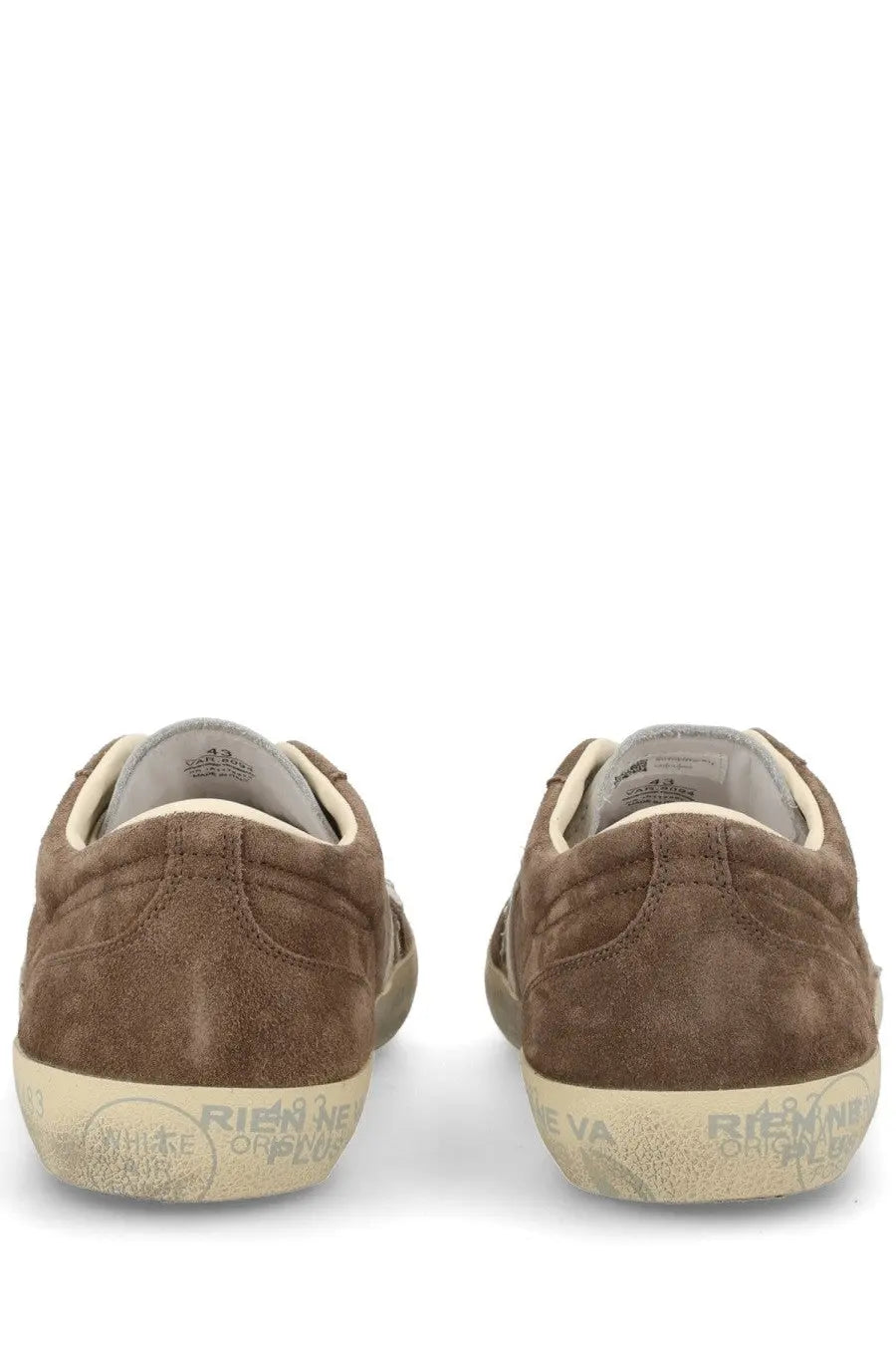 Brown suede low-top Premiata men’s sneaker David with distressed beige rubber sole and subtle heel branding back view