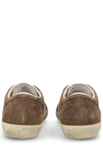 Brown suede low-top Premiata men’s sneaker David with distressed beige rubber sole and subtle heel branding back view
