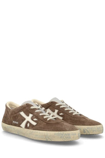Premiata men’s sneaker david brown in brown suede with white cross logo cream laces and distressed rubber sole